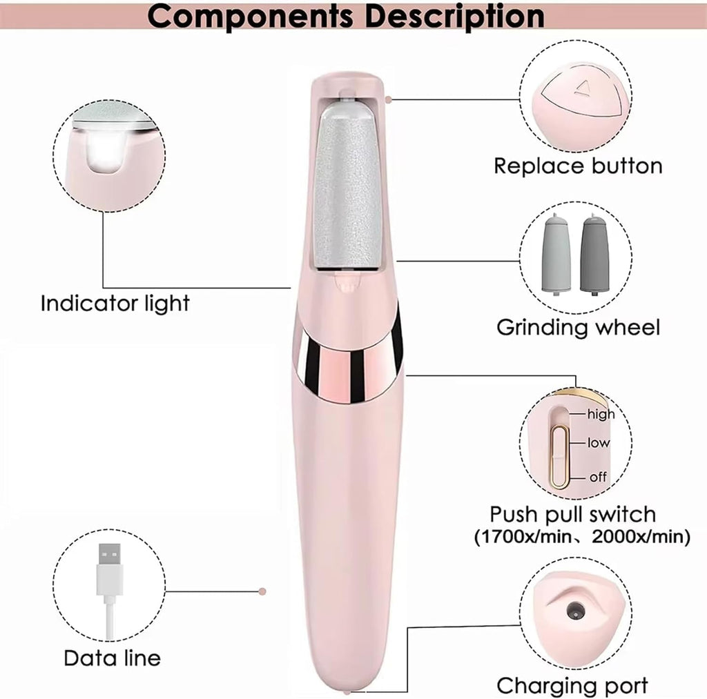 Electric Foot File USB Rechargeable Foot File with 2 Interchangeable Heads with LED Light for Dead Skin and Dry Heels