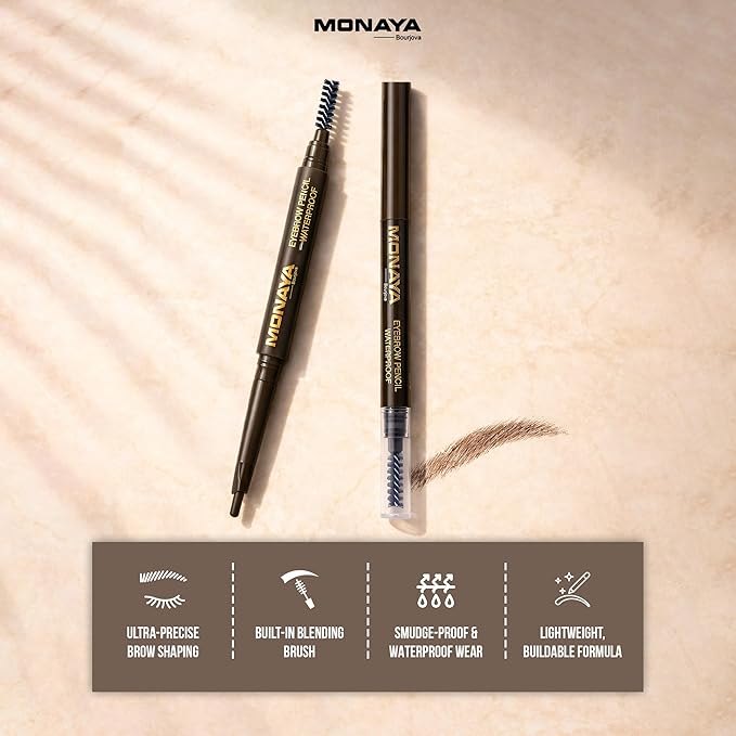 Monaya - EYEBROW Pencil, Smudgeproof Eye Brow Pencil, Dual Purpose Brow Pencil and Brush Combo, High Definition Waterproof Eyebrow Makeup