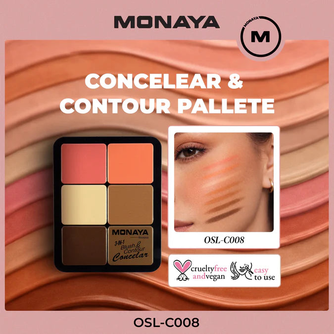Monaya -3-in-1 Face Palette Blush, Contour & Concealer in One Compact, Smooth Creamy Formula