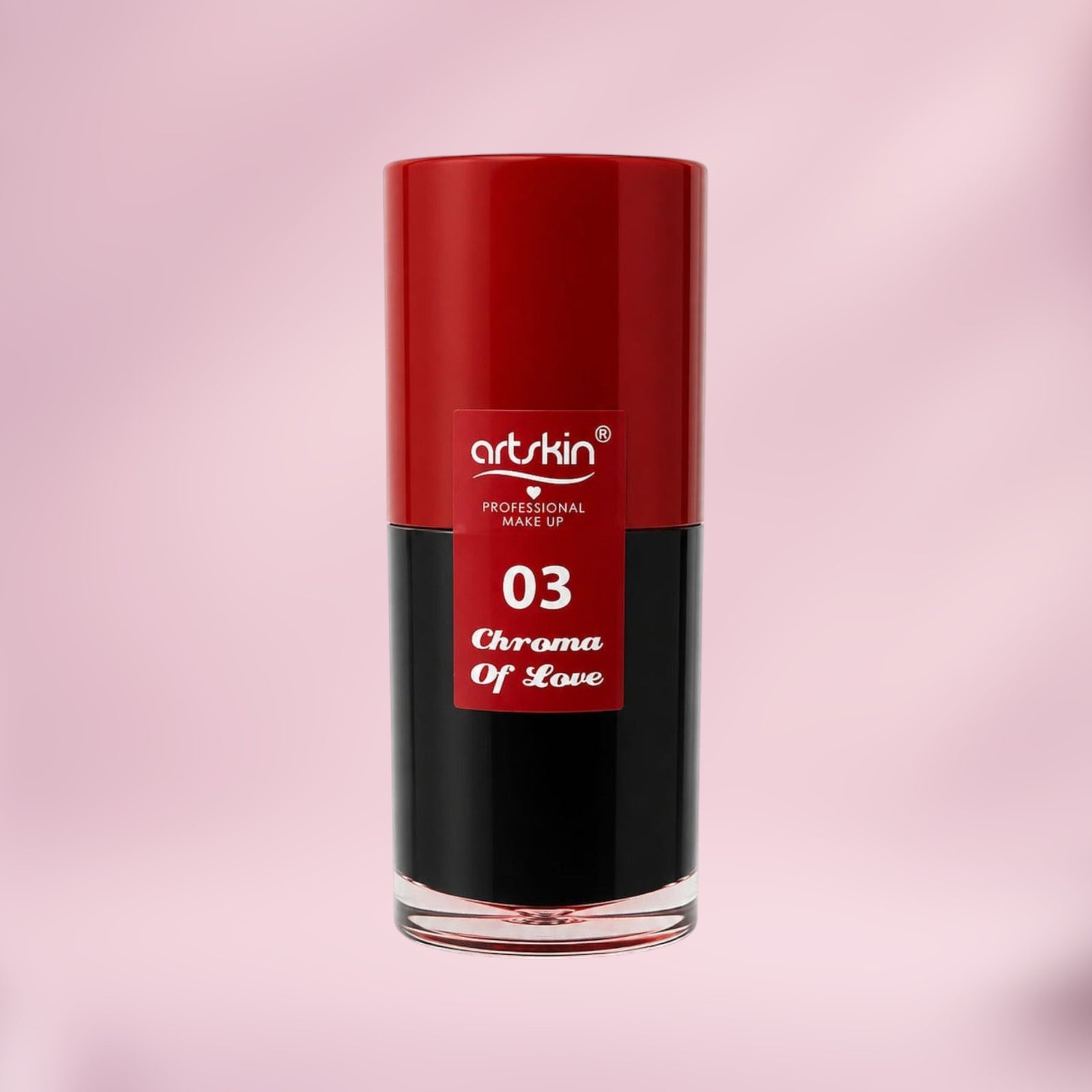Marom Artskin Lip Tint in shade 03 Chroma Of Love with a red cap and clear glass bottle for a buildable stained finish