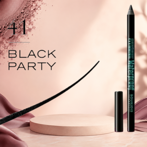 Marom Bourjois Contour Clubbing waterproof eye pencil in Black Party shade with a creamy black eyeliner swatch