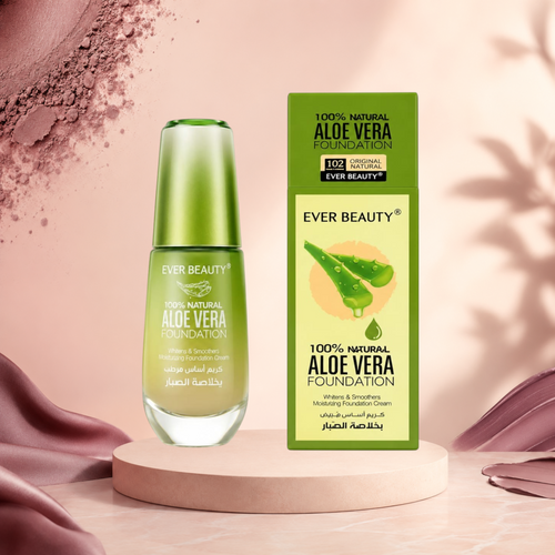Marom Ever Beauty 100% natural aloe vera foundation bottle and box in shade 102 with green packaging