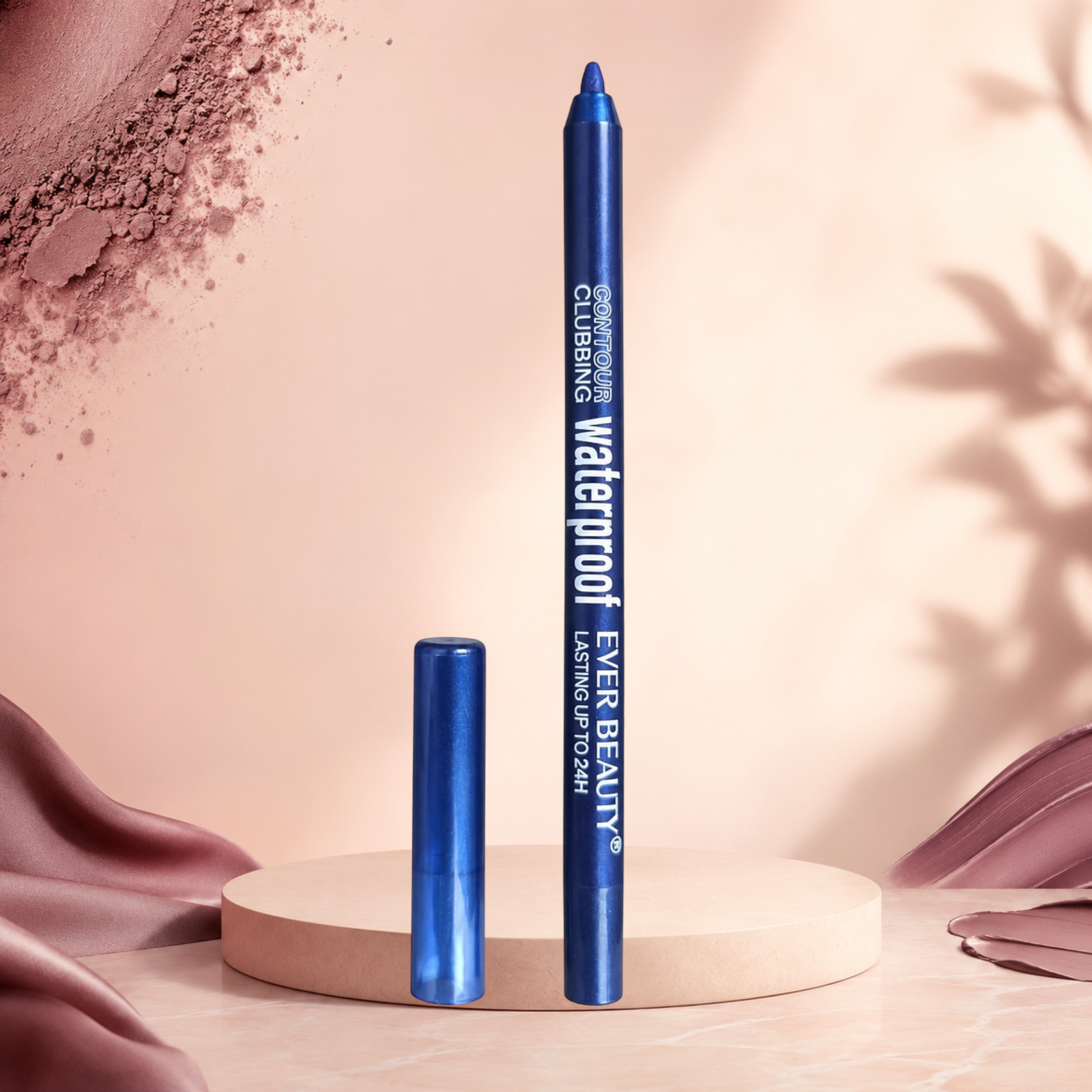 Marom EVER BEAUTY waterproof blue eye contour pencil standing on a beige pedestal with a matching cap