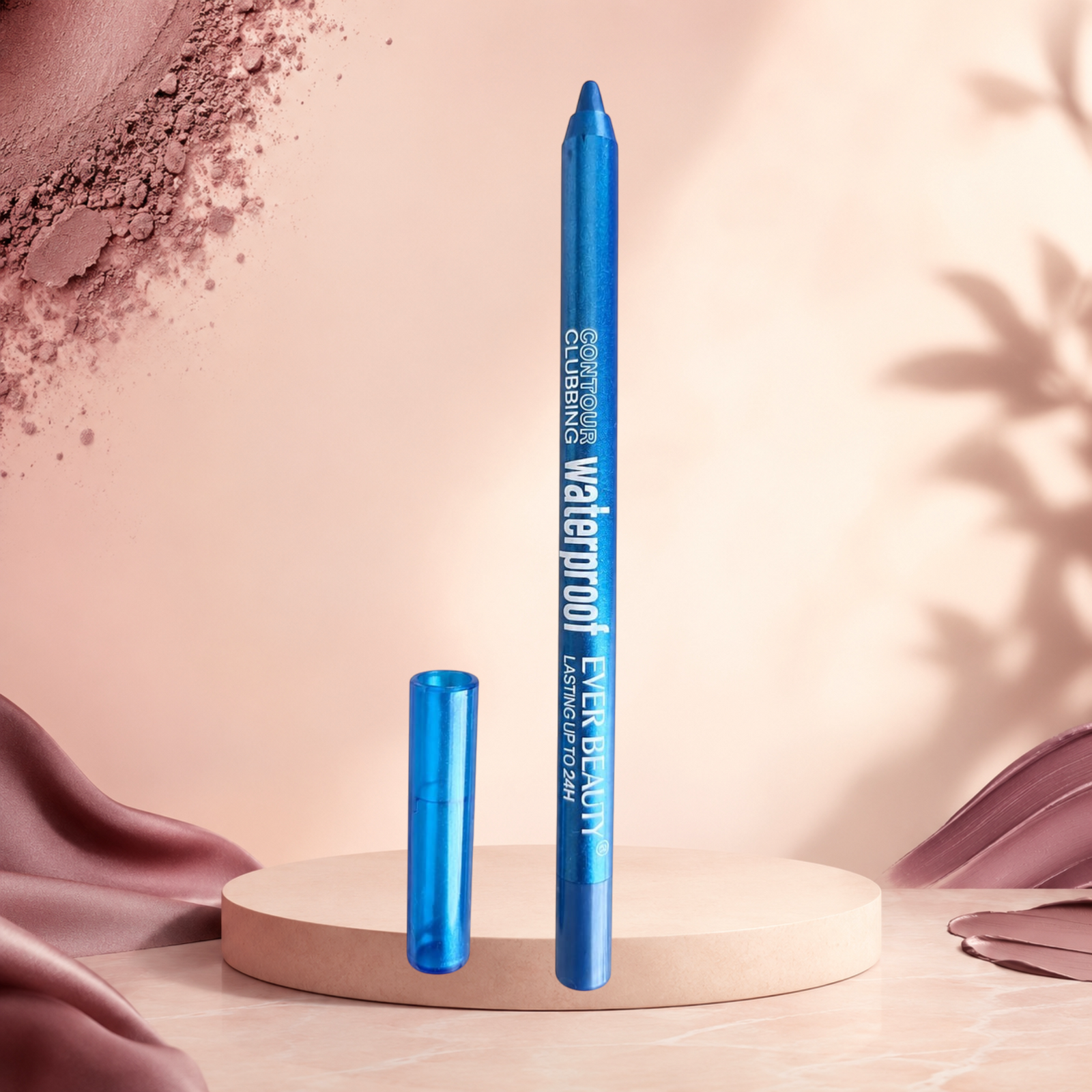 Marom EVER BEAUTY waterproof blue eye contour pencil standing on a circular pedestal with a matching blue cap.