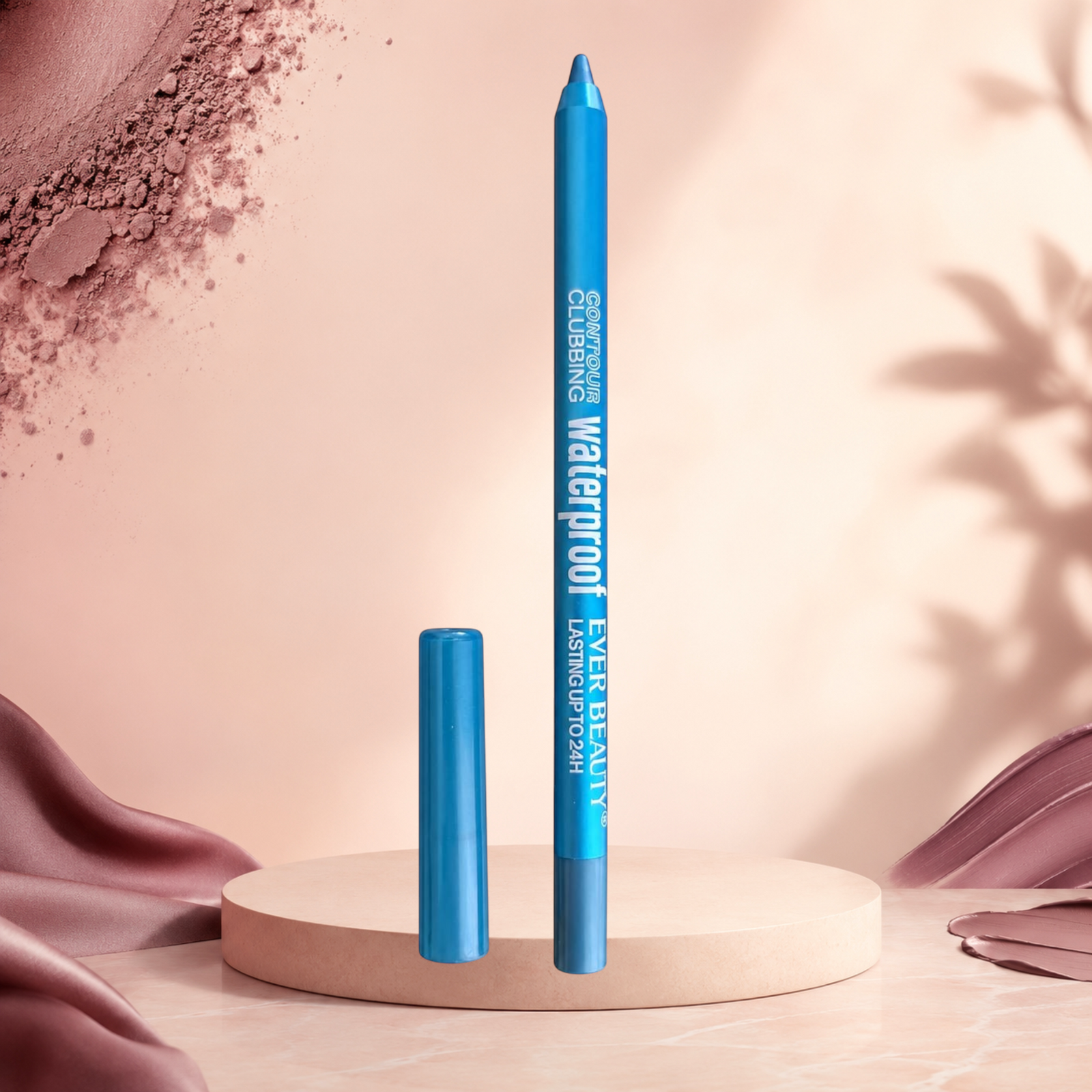 Marom EVER BEAUTY waterproof blue eye contour pencil standing on a circular pedestal with soft lighting and fabric