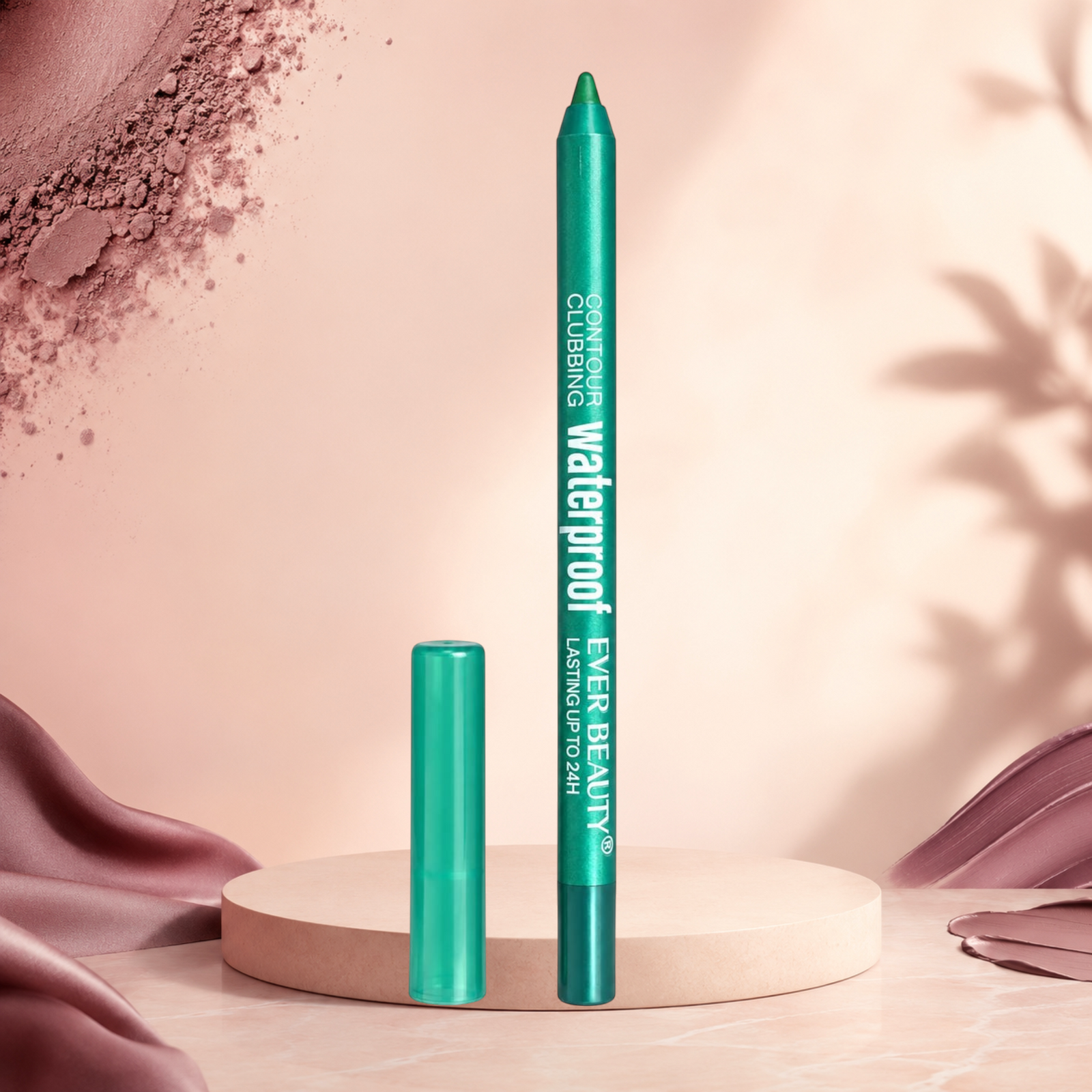 Marom EVER BEAUTY waterproof green eye contour pencil with cap on a pedestal against a soft pink background