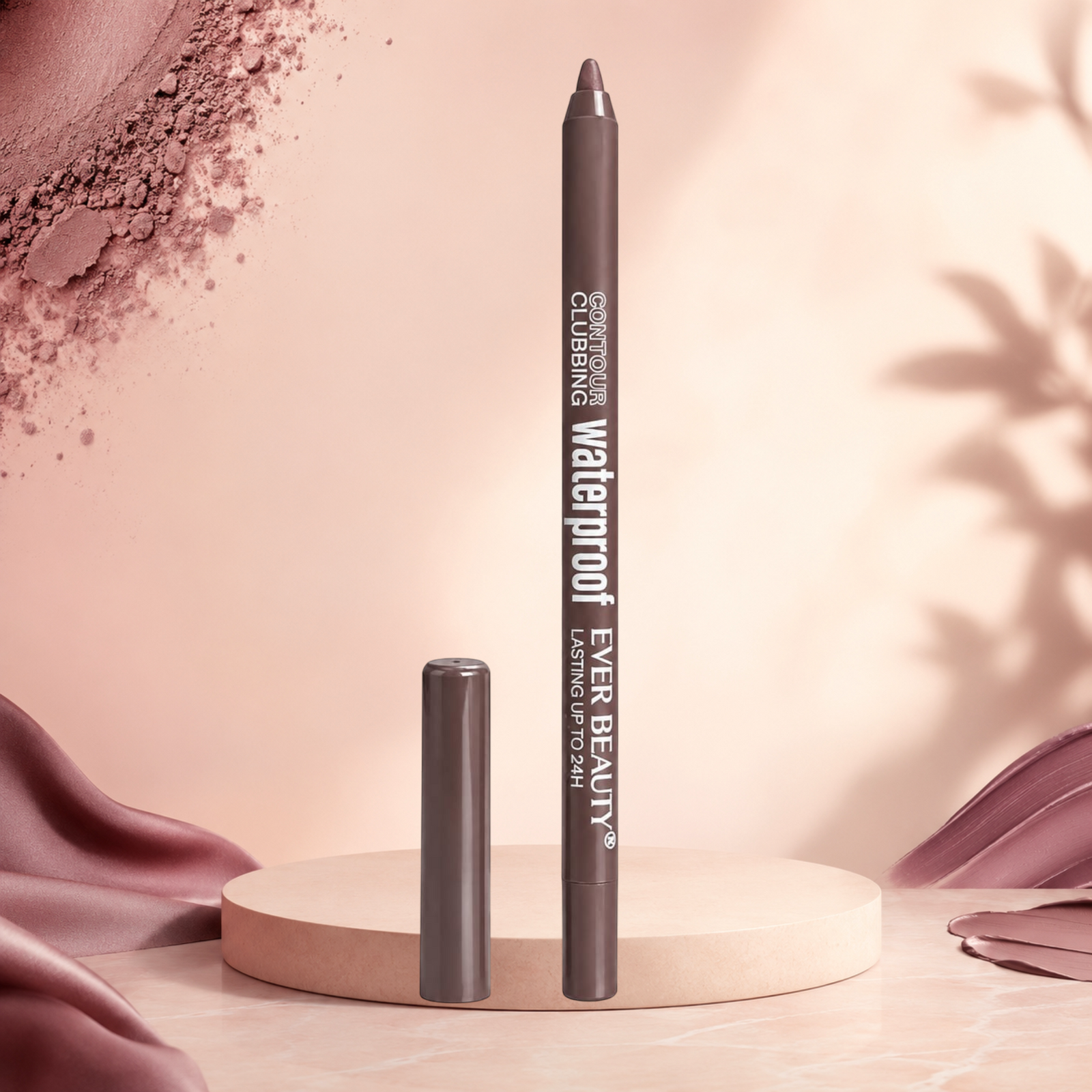 Marom EVER BEAUTY waterproof eye contour pencil in a mauve shade with a creamy texture on a decorative pedestal.