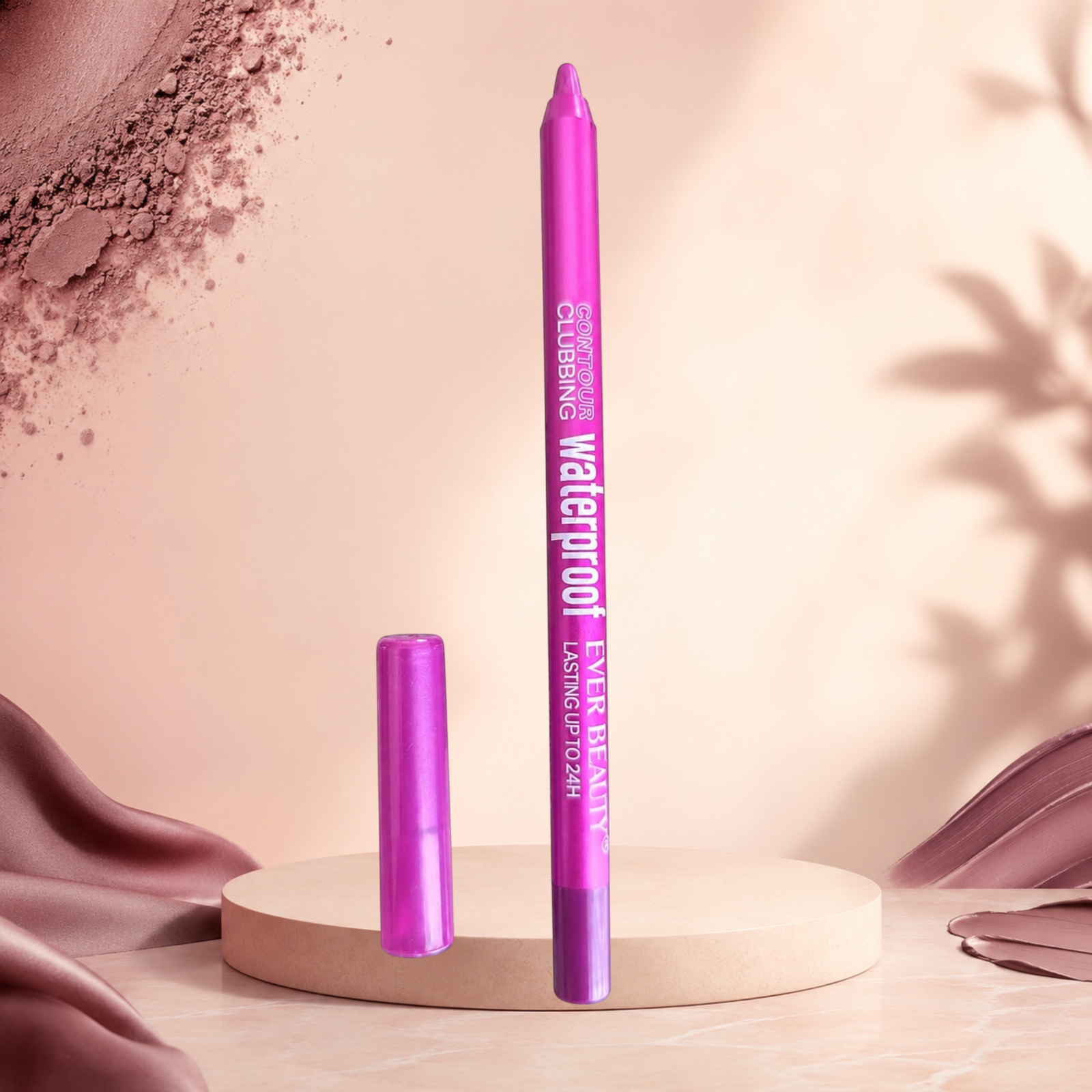 Marom EVER BEAUTY waterproof eye contour pencil in vibrant pink, standing on a beige pedestal with soft lighting.