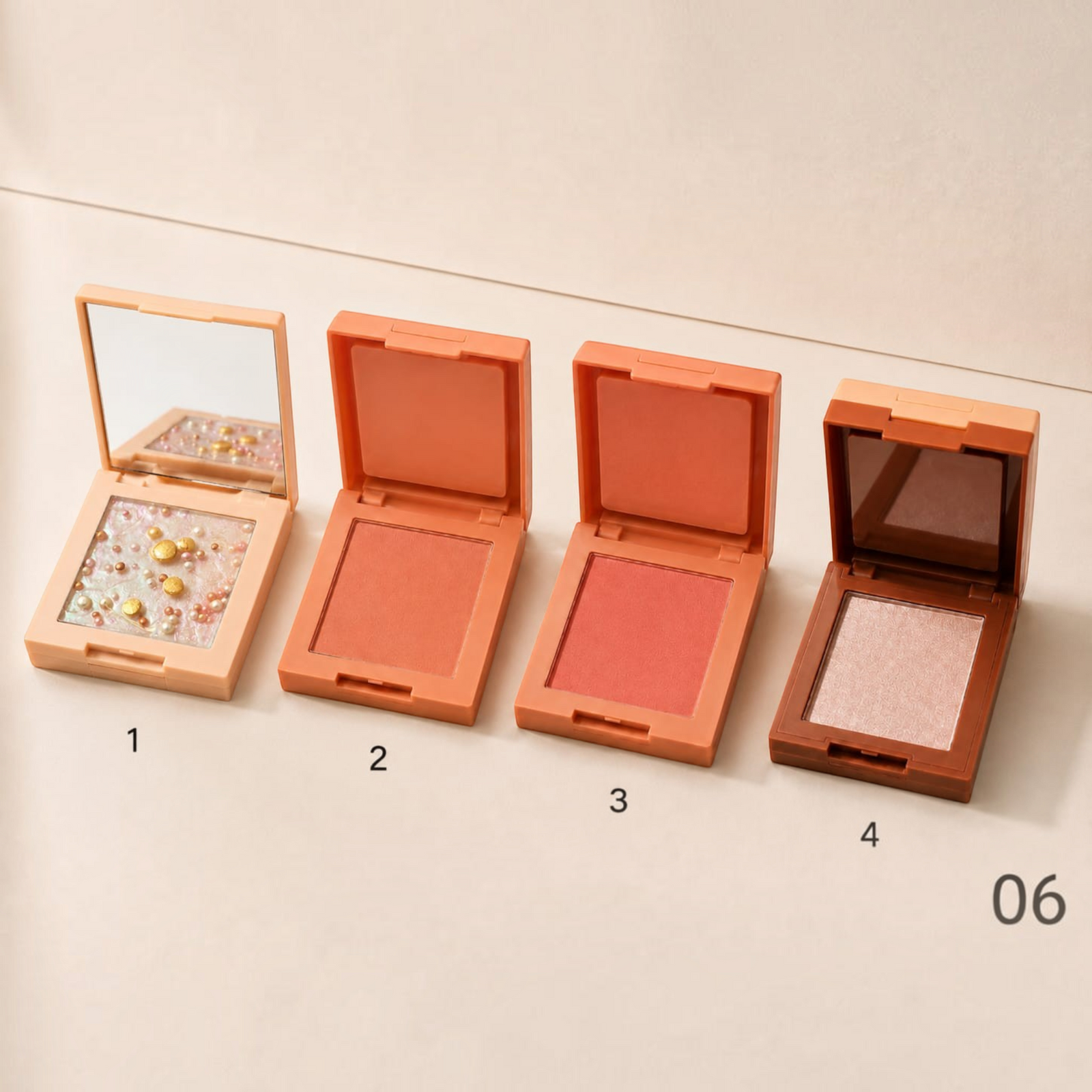 Marom Ever Beauty 4-in-1 powder blush palette featuring four compacts with blush, highlighter, and shimmer shades.