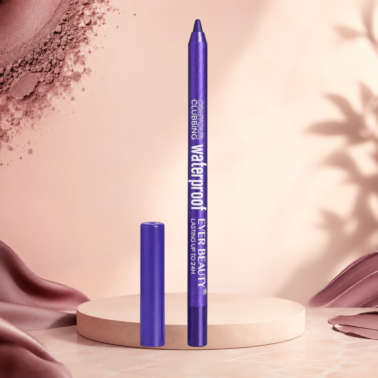 Marom EVER BEAUTY waterproof purple eye contour pencil standing on a circular platform with a soft-focus background.