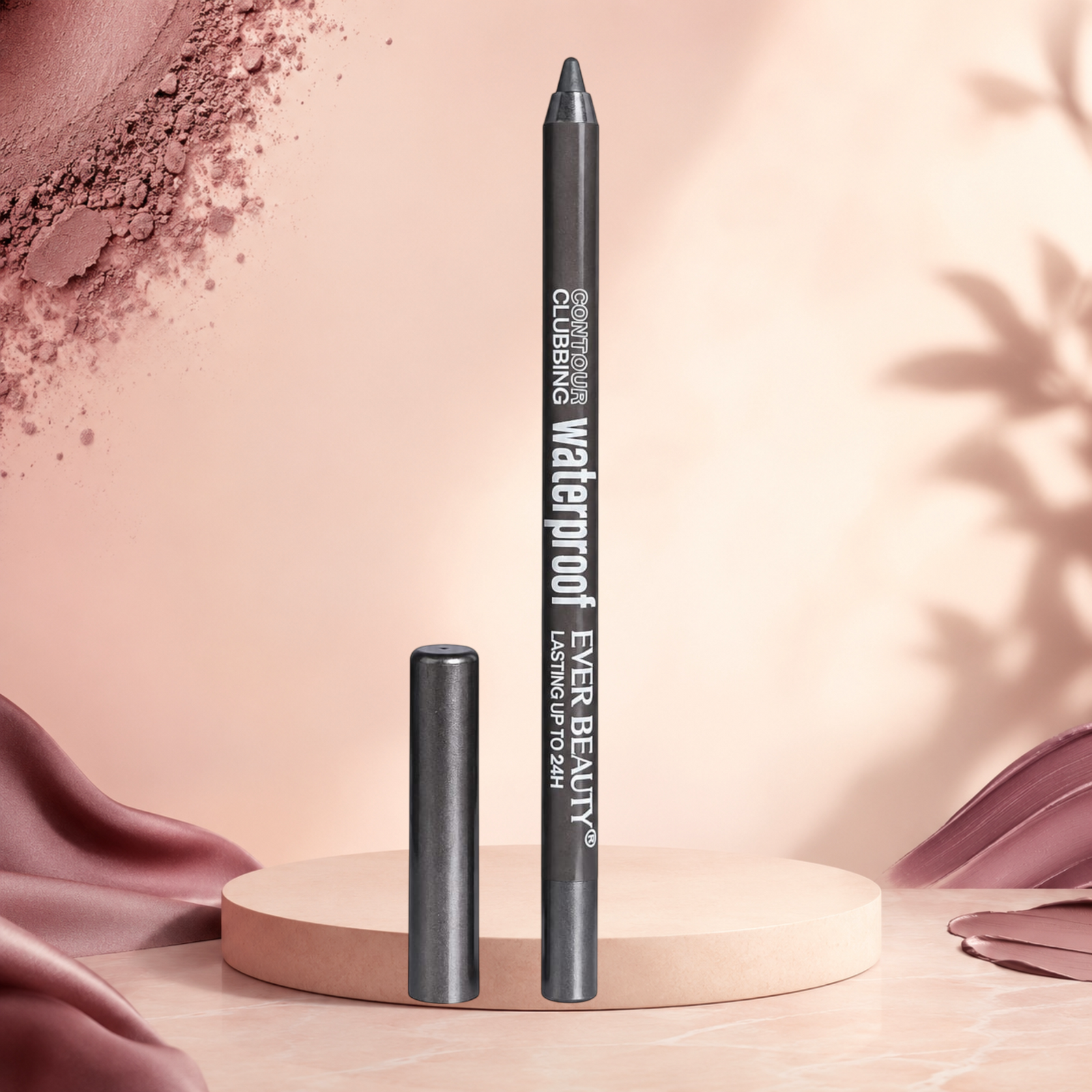Marom EVER BEAUTY waterproof eye contour pencil in dark grey, standing on a pedestal with soft pink background.