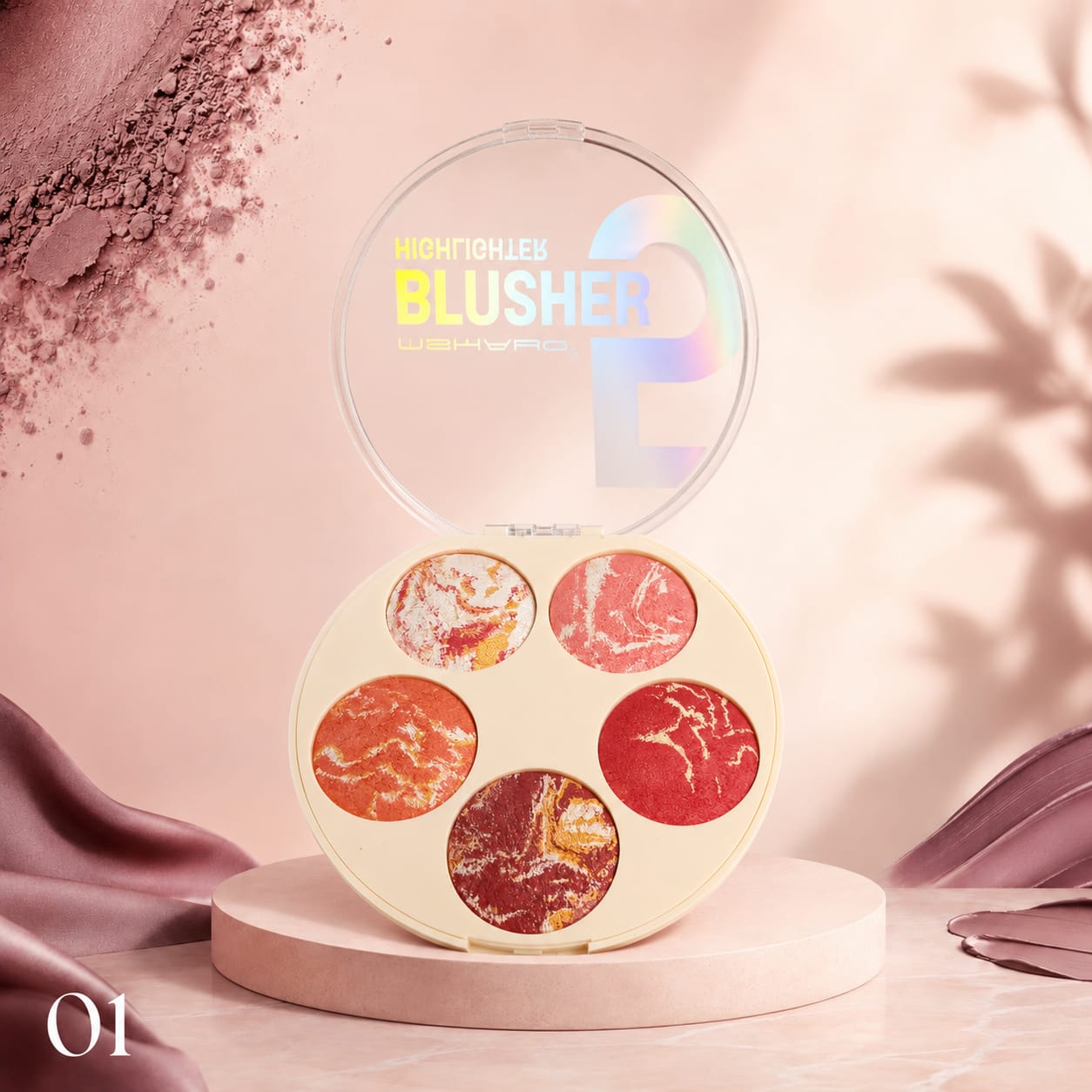 Marom Msyaho round palette featuring five marbled blusher and highlighter shades in warm pink and coral tones.