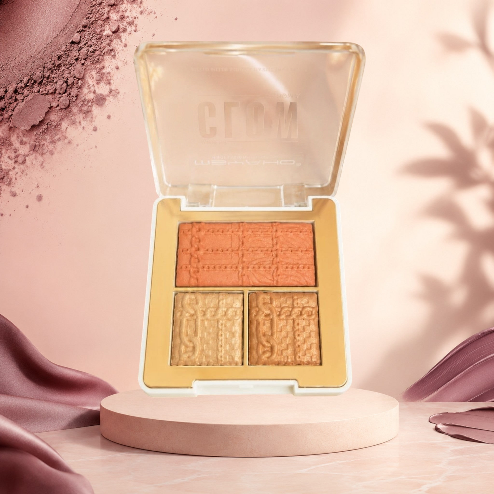 Marom Msyaho Teracotta Glow Palette with blush and highlighter shades in a textured compact on a display pedestal.