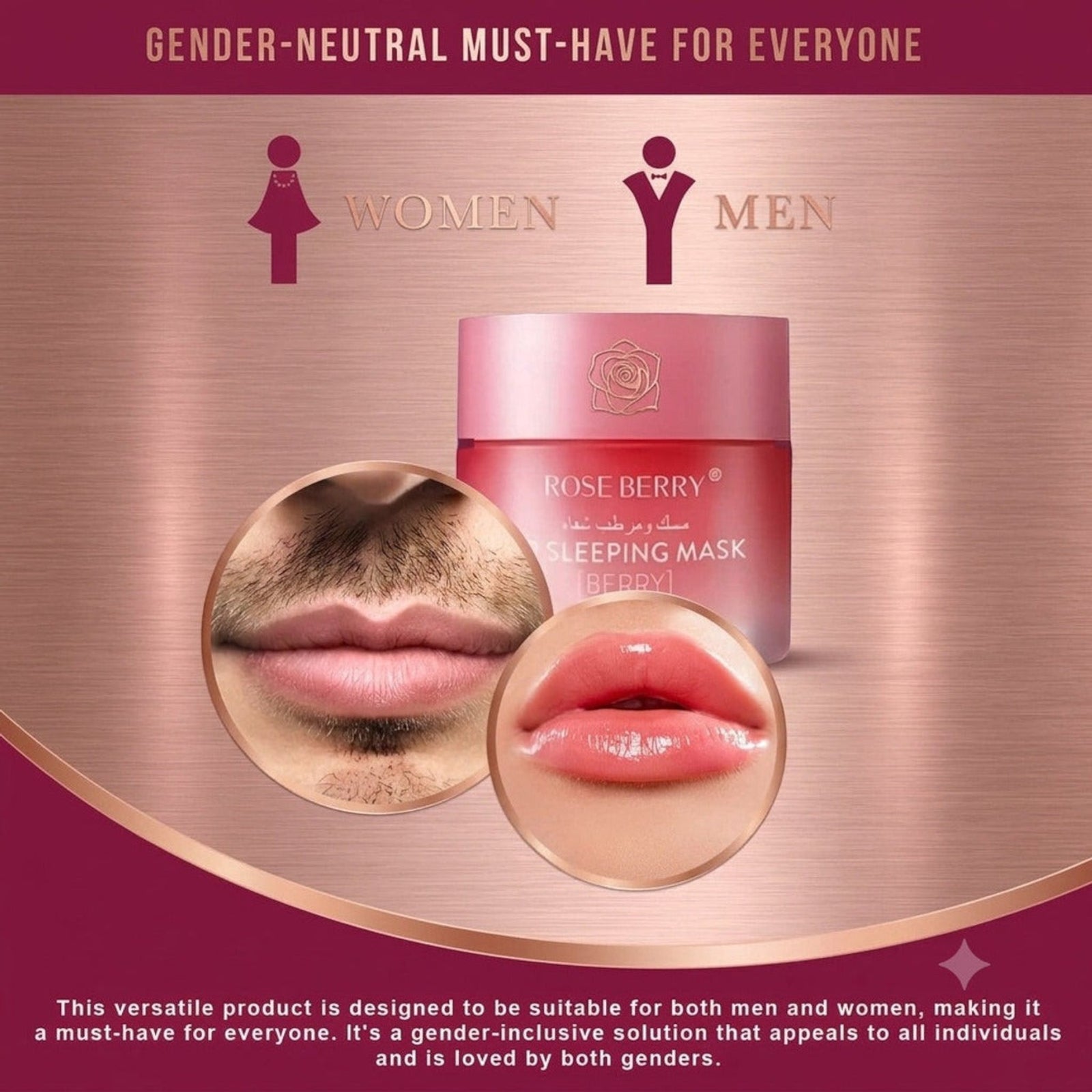 Marom RoseBerry berry-scented lip sleeping mask in a pink jar, shown with application results on male and female lips.