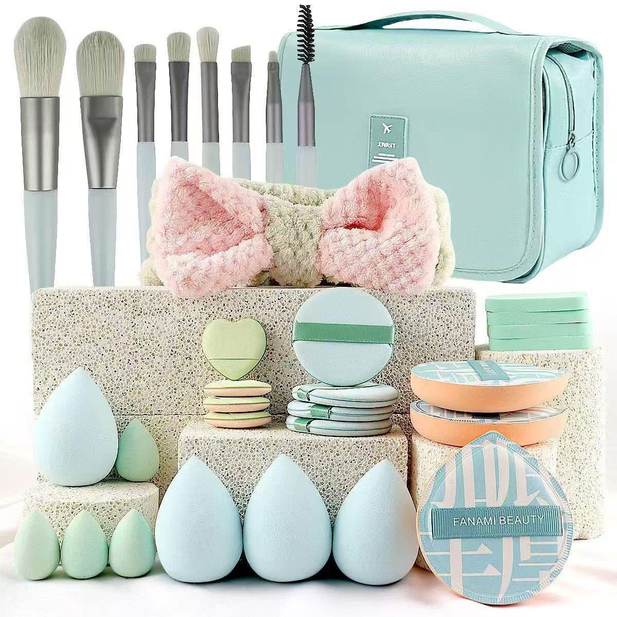 Mint makeup brush and sponge travel set with bag, puffs and headband