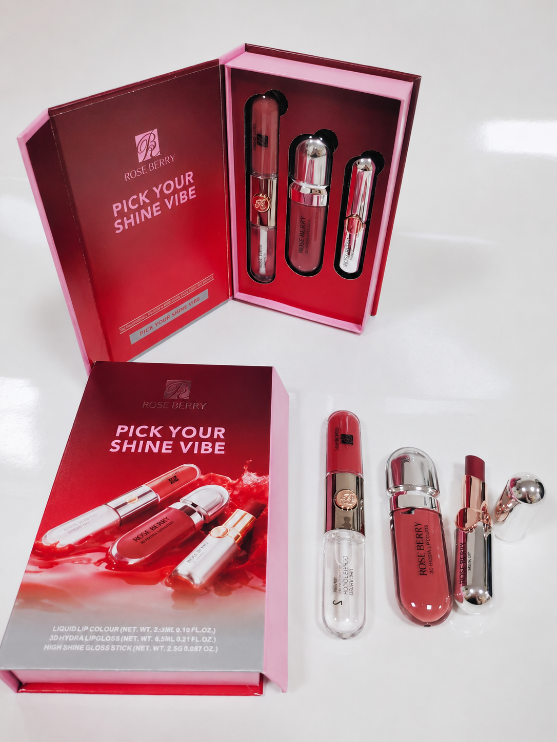 Rose Berry Pick Your Shine Vibe lip set clean box shade A